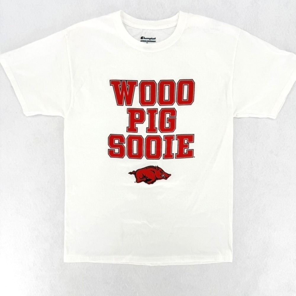 Champion Arkansas Razorbacks Wooo Pig Sooie‎ White Graphic T-Shirt Mens Medium
